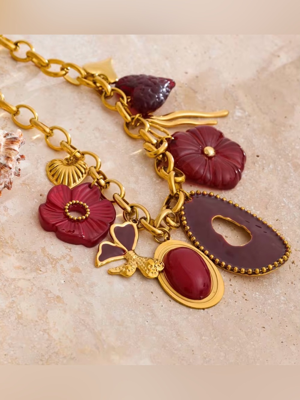 Burgundy Charm Statement Necklace | Gold Plated Chunky Chain | Necklace - Picture 4 of 7